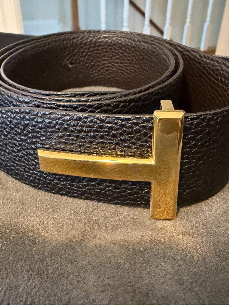 Tom Ford Black Pebbled Leather Belt With Gold T Buckle